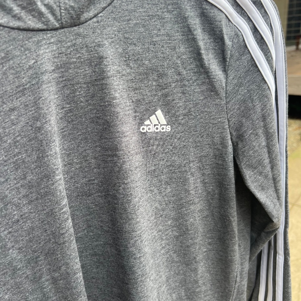 Adidas- Women's Charcoal Gray/White (3) Stripe Long Sleeve Tee with Hoodie - Picture 3 of 11